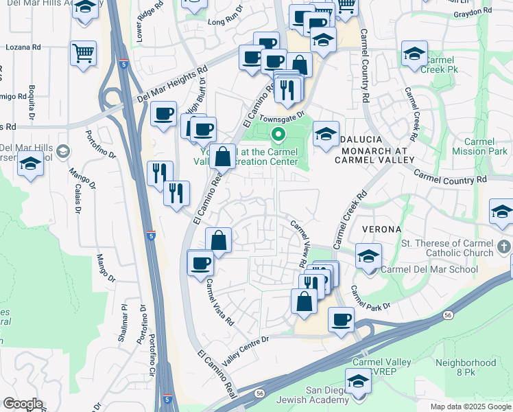 map of restaurants, bars, coffee shops, grocery stores, and more near 3595 Caminito El Rincon in San Diego