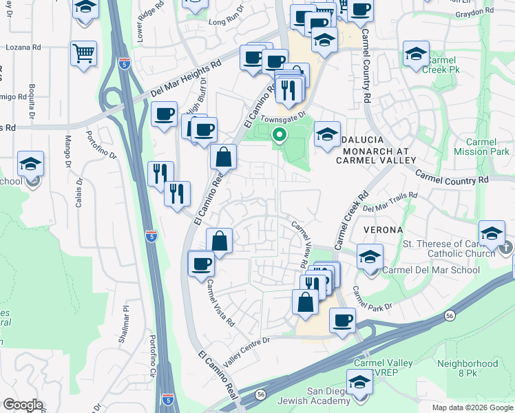 map of restaurants, bars, coffee shops, grocery stores, and more near 3575 Caminito El Rincon in San Diego