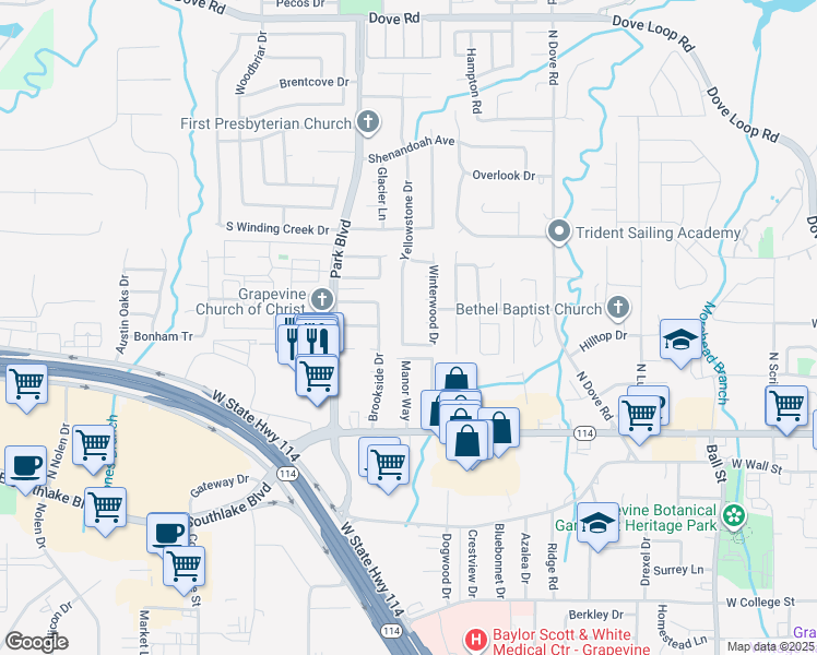 map of restaurants, bars, coffee shops, grocery stores, and more near 512 Yellowstone Drive in Grapevine