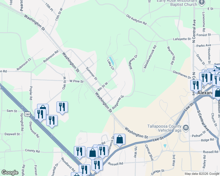 map of restaurants, bars, coffee shops, grocery stores, and more near 1227 Summer Street in Alexander City
