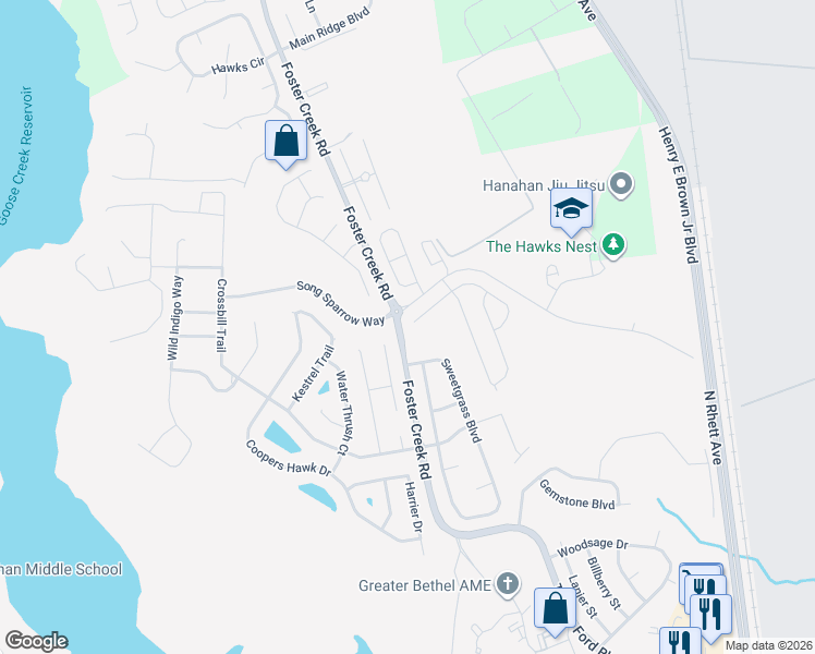 map of restaurants, bars, coffee shops, grocery stores, and more near 1285 River Rock Road in Hanahan
