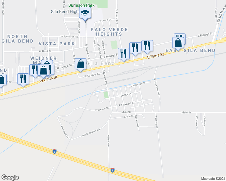 map of restaurants, bars, coffee shops, grocery stores, and more near 407 South Capitol Avenue in Gila Bend