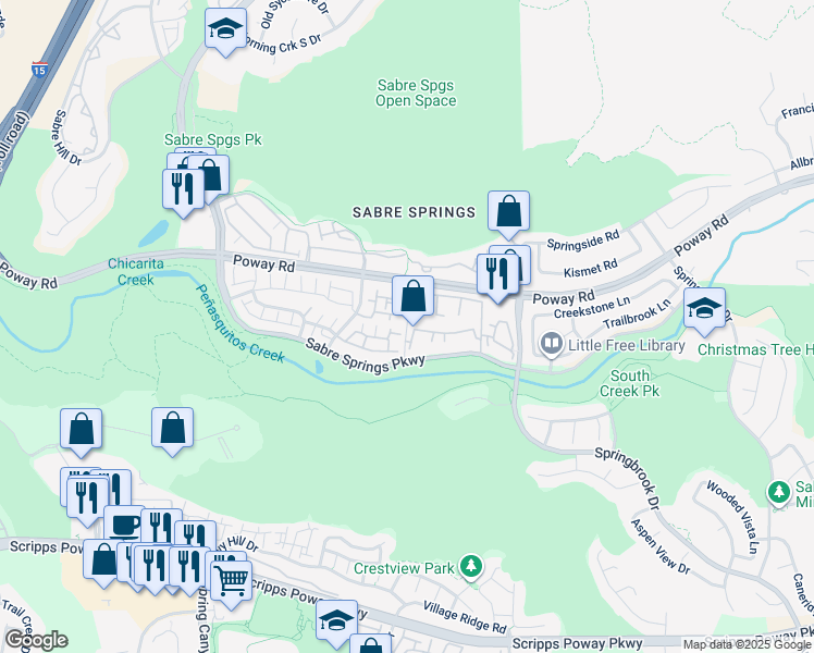 map of restaurants, bars, coffee shops, grocery stores, and more near 12435 Heatherton Court in San Diego