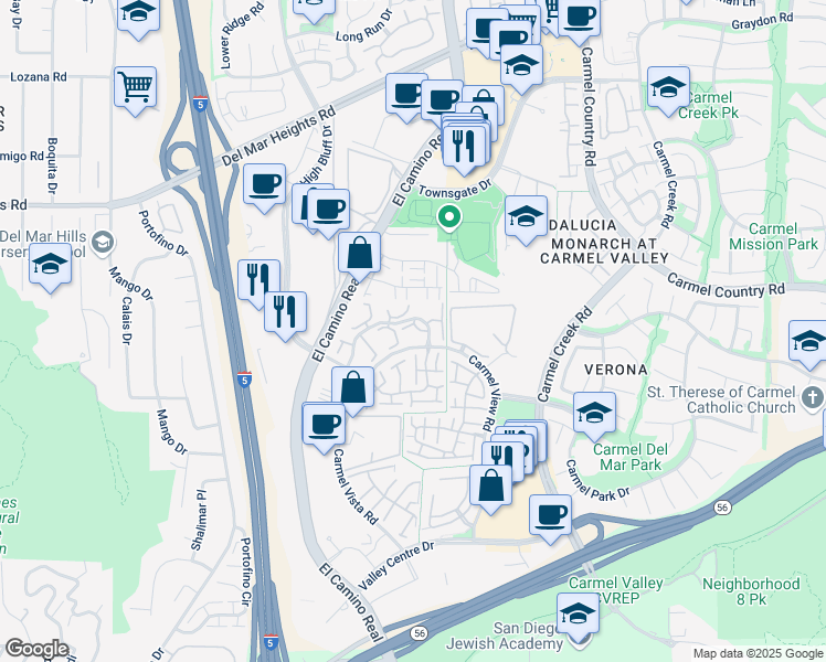 map of restaurants, bars, coffee shops, grocery stores, and more near 3595 Caminito El Rincon in San Diego
