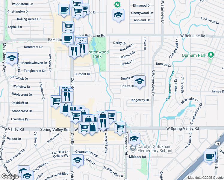 map of restaurants, bars, coffee shops, grocery stores, and more near 821 Dublin Drive in Richardson