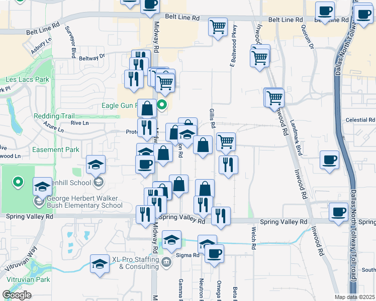 map of restaurants, bars, coffee shops, grocery stores, and more near 14325 Gillis Road in Farmers Branch