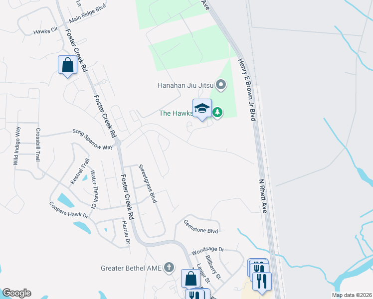 map of restaurants, bars, coffee shops, grocery stores, and more near 1210 River Rock Road in Hanahan