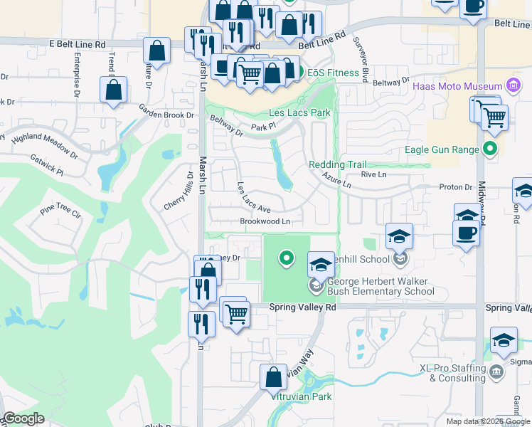 map of restaurants, bars, coffee shops, grocery stores, and more near 14609 Hemingway Court in Addison