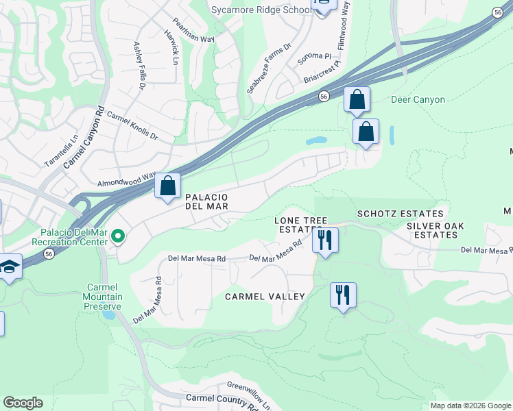 map of restaurants, bars, coffee shops, grocery stores, and more near 5318 Caminito Vista Lujo in San Diego