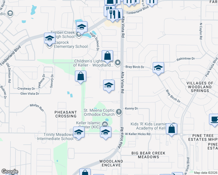 map of restaurants, bars, coffee shops, grocery stores, and more near 3504 Naturewood Trail in Fort Worth