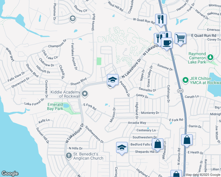 map of restaurants, bars, coffee shops, grocery stores, and more near 1325 Petaluma Drive in Rockwall