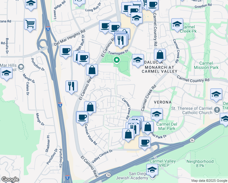 map of restaurants, bars, coffee shops, grocery stores, and more near 4075 Carmel View Road in San Diego