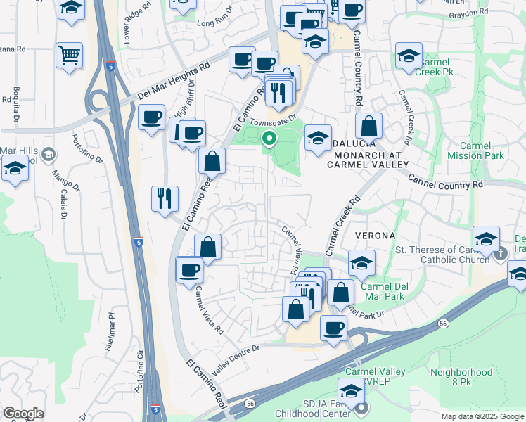 map of restaurants, bars, coffee shops, grocery stores, and more near 12525 Ruette Campana in San Diego