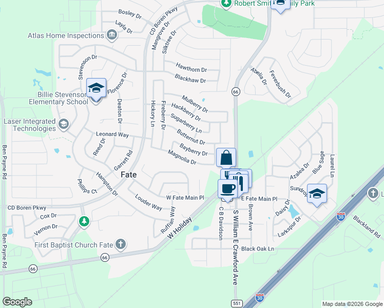 map of restaurants, bars, coffee shops, grocery stores, and more near 344 Bayberry Drive in Rockwall