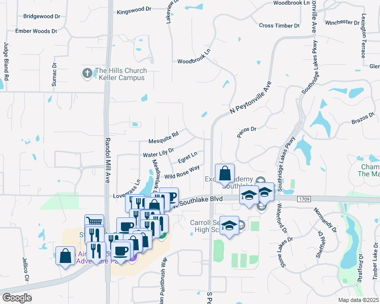 map of restaurants, bars, coffee shops, grocery stores, and more near 1706 Egret Lane in Southlake