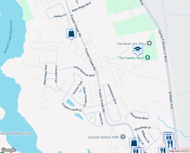 map of restaurants, bars, coffee shops, grocery stores, and more near 1303 Song Sparrow Way in Hanahan