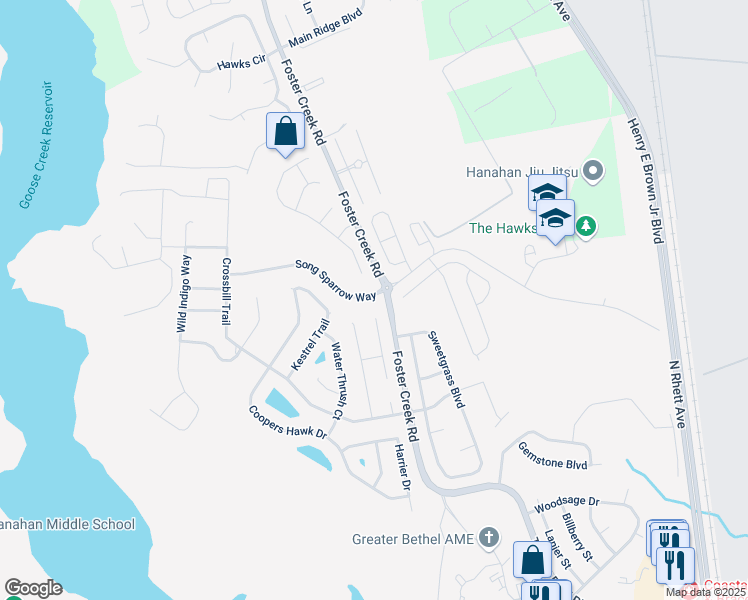 map of restaurants, bars, coffee shops, grocery stores, and more near 1303 Song Sparrow Way in Hanahan