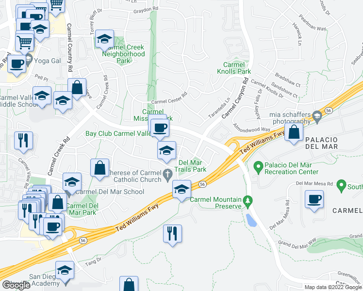 map of restaurants, bars, coffee shops, grocery stores, and more near Mercurio St & Mona Lisa St in San Diego