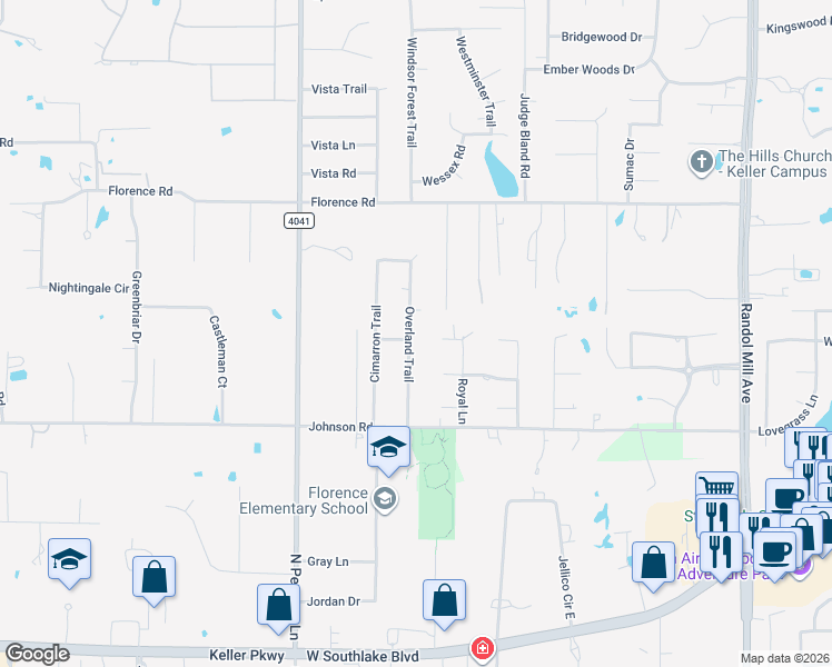 map of restaurants, bars, coffee shops, grocery stores, and more near 700 Overland Trail in Southlake