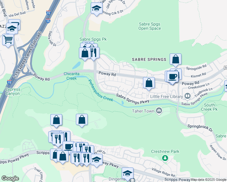 map of restaurants, bars, coffee shops, grocery stores, and more near 12340 Springwater Point in San Diego