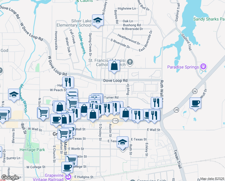 map of restaurants, bars, coffee shops, grocery stores, and more near 501 Turner Road in Grapevine
