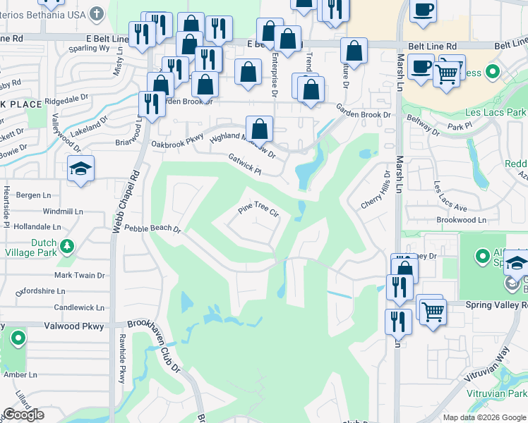 map of restaurants, bars, coffee shops, grocery stores, and more near 3424 Pine Tree Circle in Farmers Branch