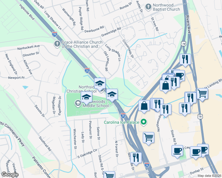 map of restaurants, bars, coffee shops, grocery stores, and more near 7914 New Ryder Road in North Charleston