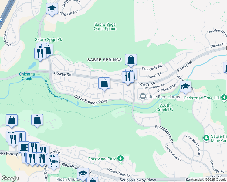 map of restaurants, bars, coffee shops, grocery stores, and more near 12505 Heatherton Court in San Diego