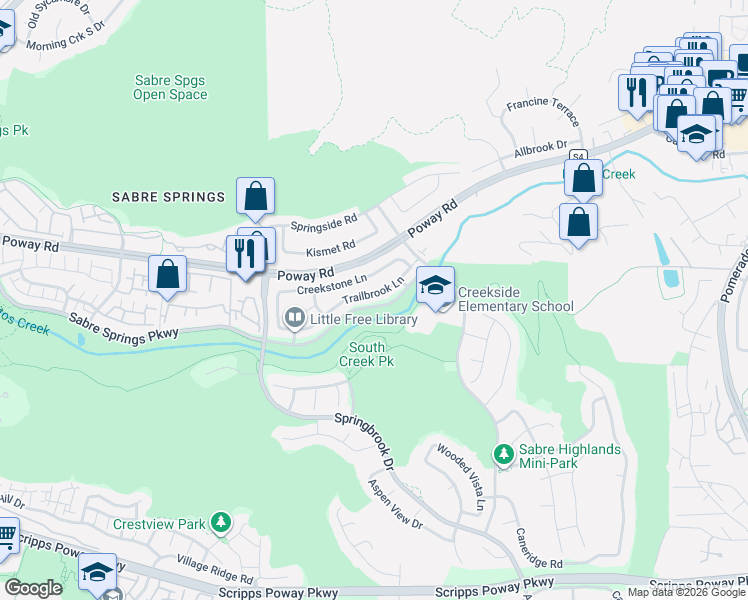 map of restaurants, bars, coffee shops, grocery stores, and more near 11547 Trailbrook Lane in San Diego