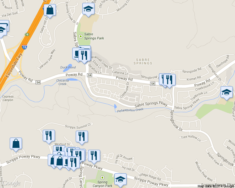 map of restaurants, bars, coffee shops, grocery stores, and more near 12340 Springwater Point in San Diego