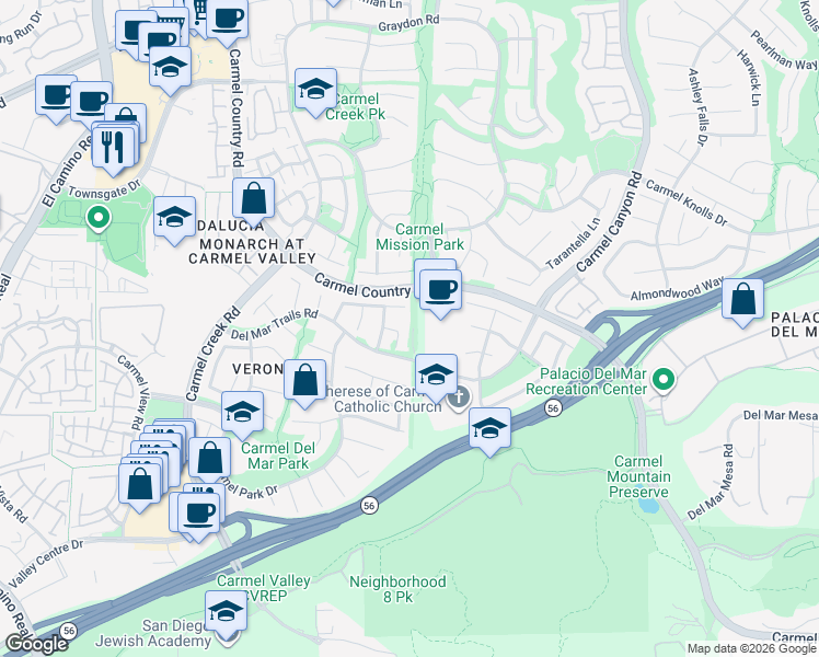 map of restaurants, bars, coffee shops, grocery stores, and more near 4260 Mancilla Court in San Diego