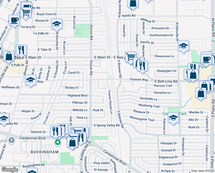 map of restaurants, bars, coffee shops, grocery stores, and more near 316 Towne House Lane in Richardson
