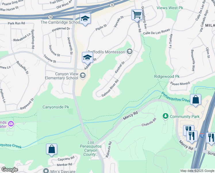map of restaurants, bars, coffee shops, grocery stores, and more near 12479 Kestrel Street in San Diego