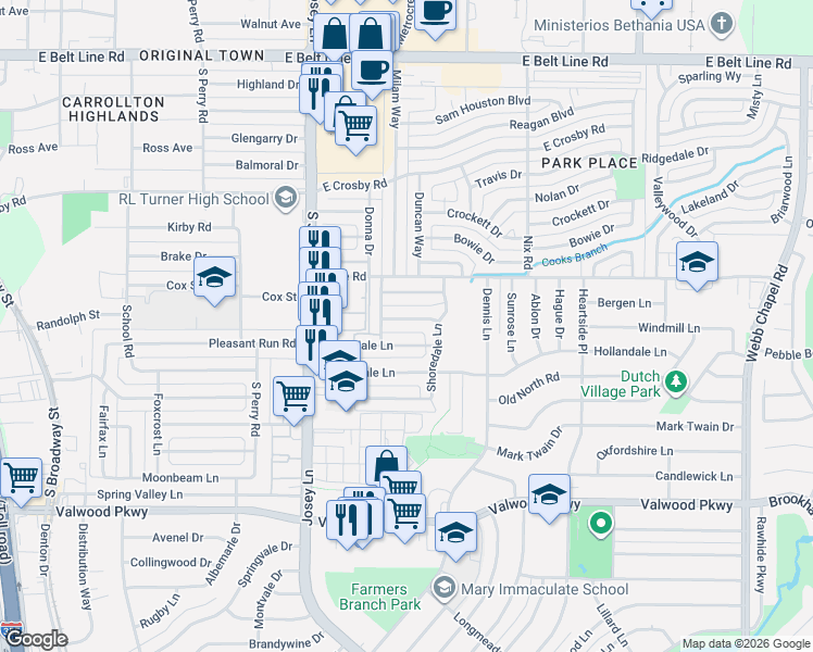 map of restaurants, bars, coffee shops, grocery stores, and more near 2775 Rollingdale Lane in Farmers Branch