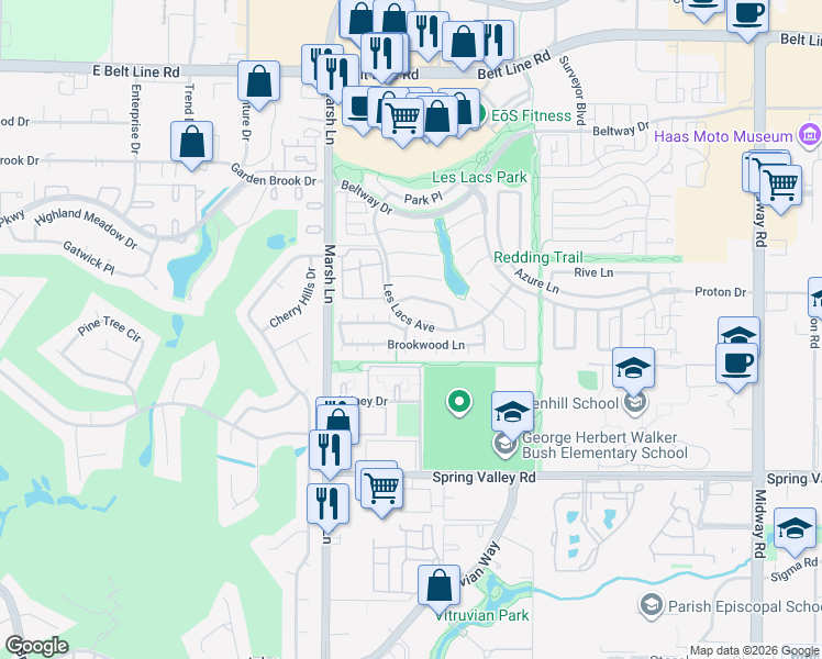 map of restaurants, bars, coffee shops, grocery stores, and more near 14609 Hemingway Court in Addison