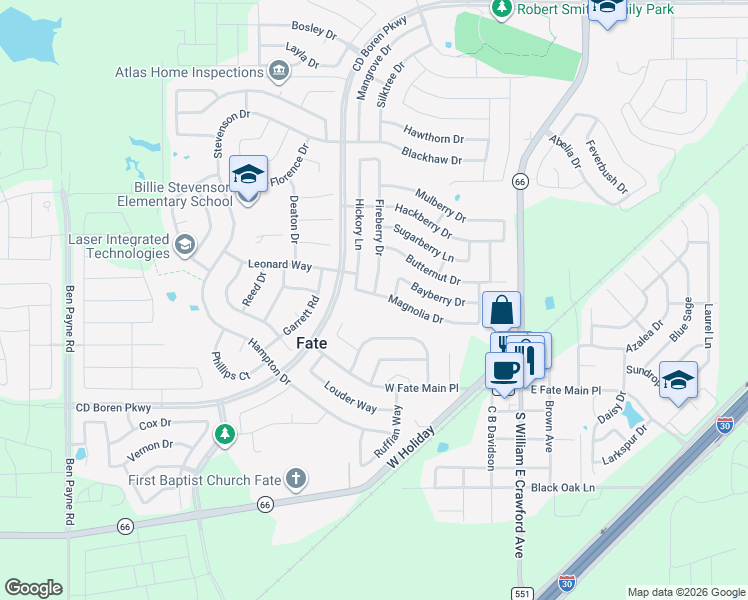 map of restaurants, bars, coffee shops, grocery stores, and more near 520 Magnolia Drive in Rockwall