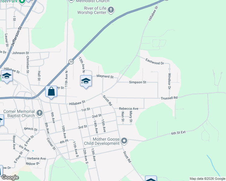 map of restaurants, bars, coffee shops, grocery stores, and more near 1572 Hillabee Street in Alexander City
