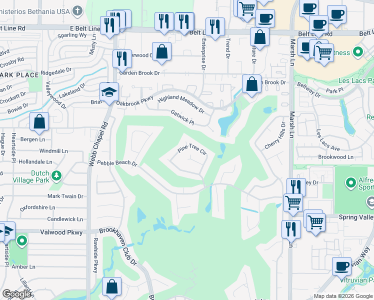 map of restaurants, bars, coffee shops, grocery stores, and more near 3424 Pine Tree Circle in Farmers Branch