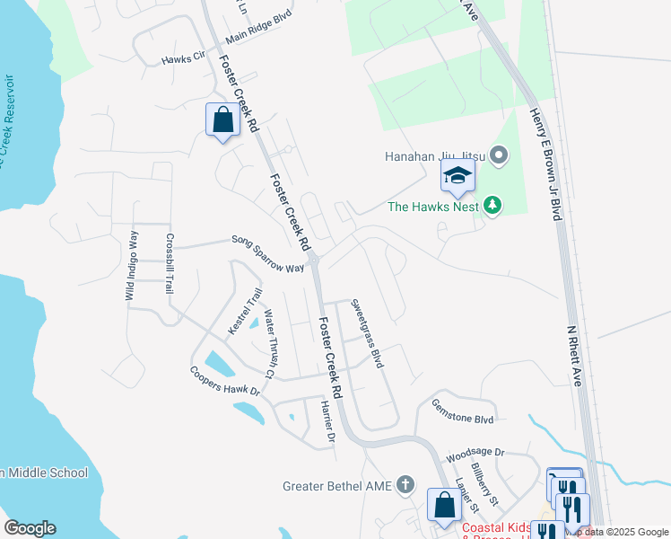 map of restaurants, bars, coffee shops, grocery stores, and more near 1285 River Rock Road in Hanahan
