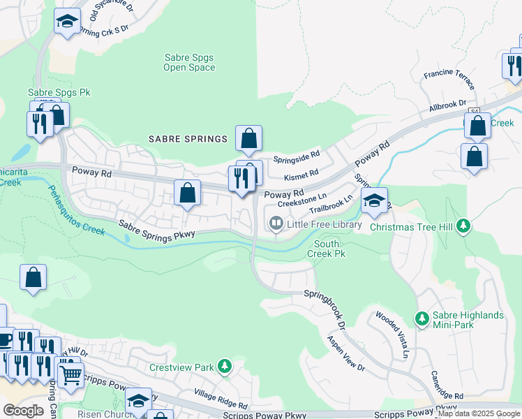 map of restaurants, bars, coffee shops, grocery stores, and more near 11366 Creekstone Lane in San Diego