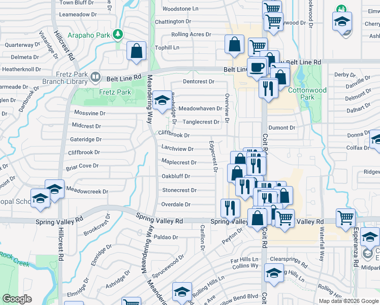 map of restaurants, bars, coffee shops, grocery stores, and more near 7427 Maplecrest Drive in Dallas