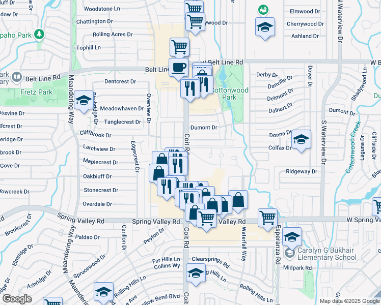 map of restaurants, bars, coffee shops, grocery stores, and more near 1483 Cavalier Drive in Richardson