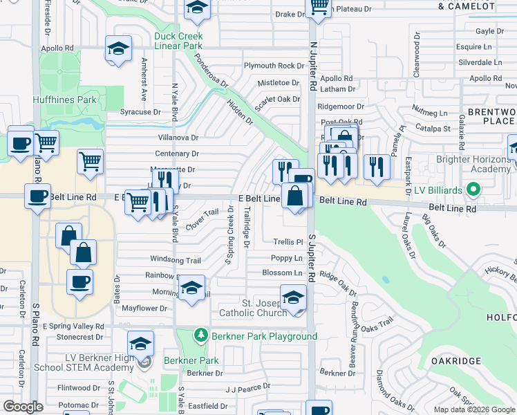 map of restaurants, bars, coffee shops, grocery stores, and more near 129-139 Trellis Place in Richardson