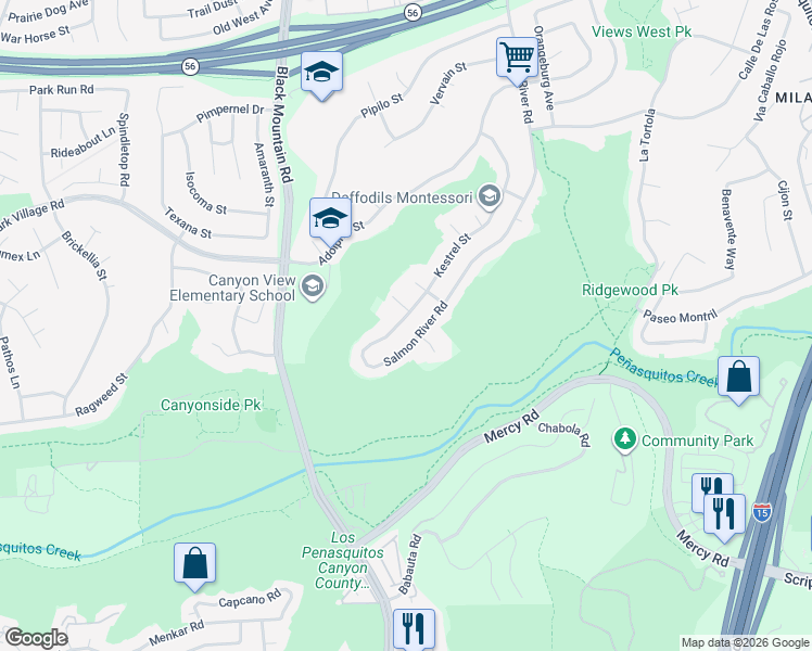 map of restaurants, bars, coffee shops, grocery stores, and more near 12479 Kestrel Street in San Diego