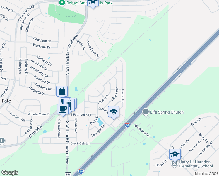 map of restaurants, bars, coffee shops, grocery stores, and more near 528 Azalea Drive in Royse City