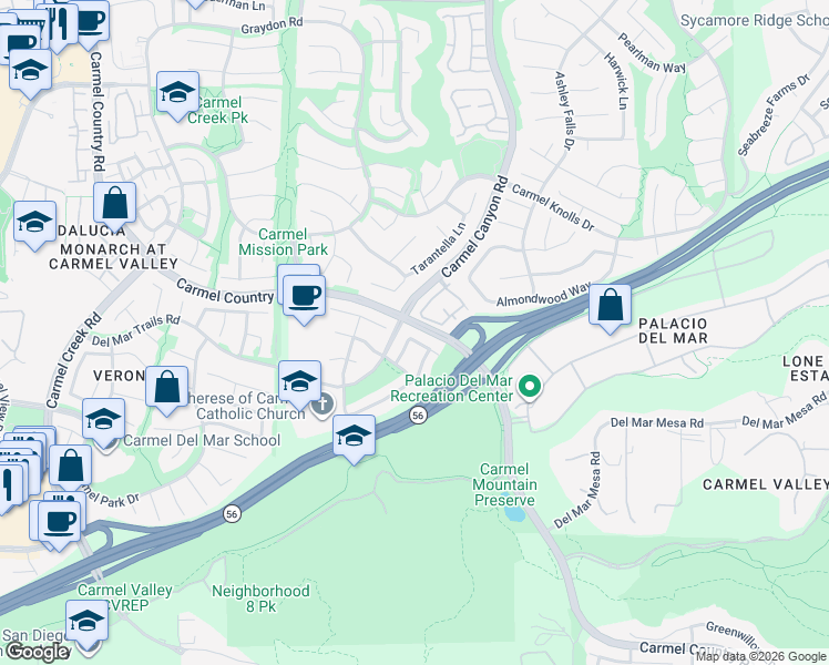 map of restaurants, bars, coffee shops, grocery stores, and more near 12518 Cavallo Street in San Diego