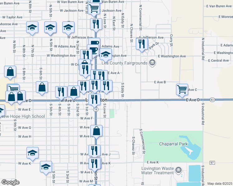 map of restaurants, bars, coffee shops, grocery stores, and more near 321 East Avenue D in Lovington