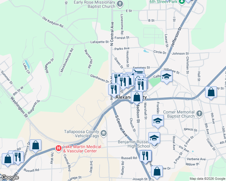 map of restaurants, bars, coffee shops, grocery stores, and more near 24 Wheeler Street in Alexander City