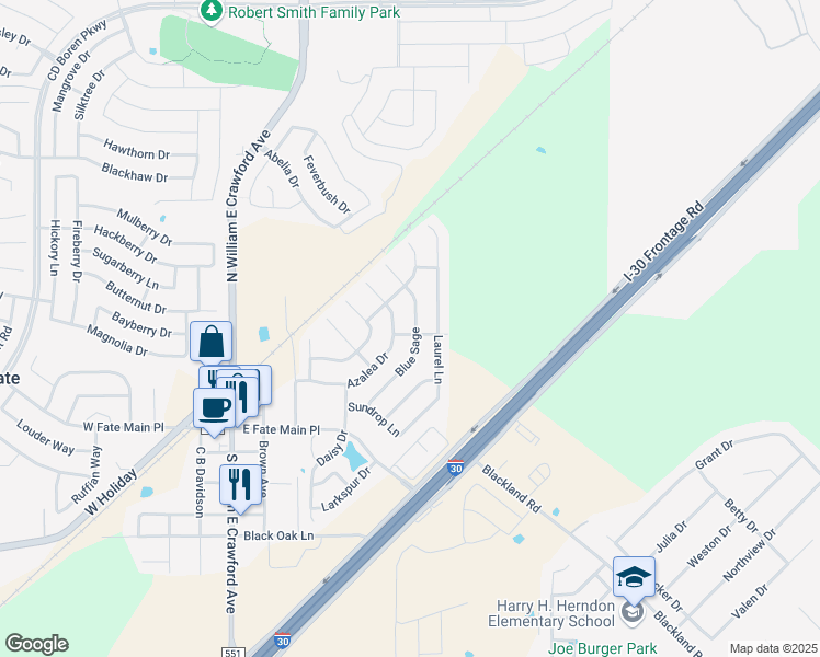 map of restaurants, bars, coffee shops, grocery stores, and more near 301 Blue Sage Drive in Rockwall