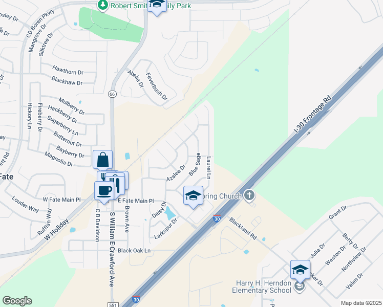 map of restaurants, bars, coffee shops, grocery stores, and more near 300 Azalea Drive in Rockwall